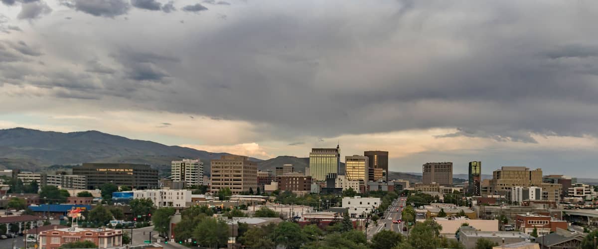 Boise, Idaho. Cityscape with a view from the west at sunset in summertime. Downtown streets and skyscrapers and the Boise Foothills.