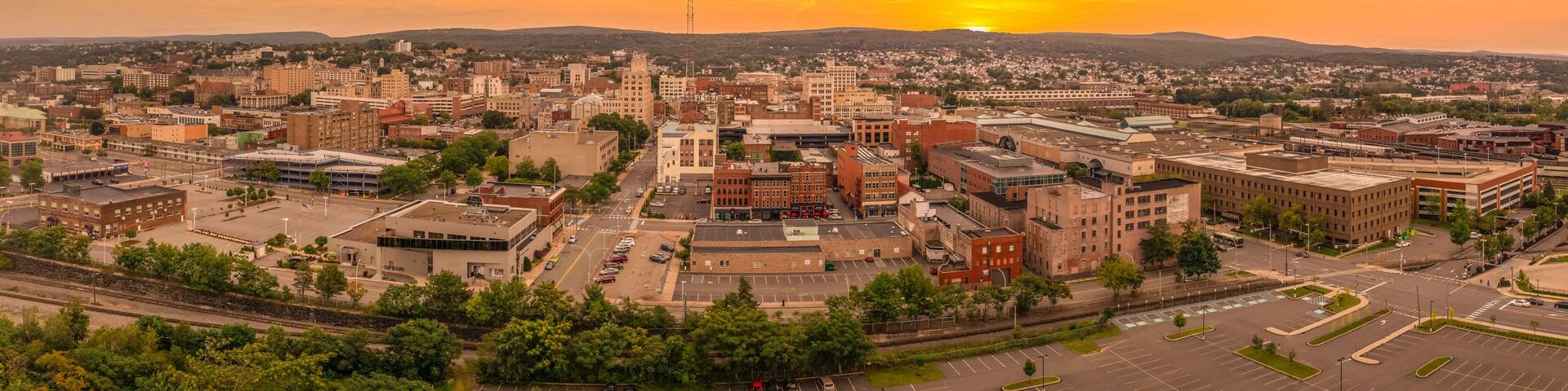 Aerial sunset view of Scranton Pennsylvania, steamtown or electric city home to the legendary office with dramatic colorful sky