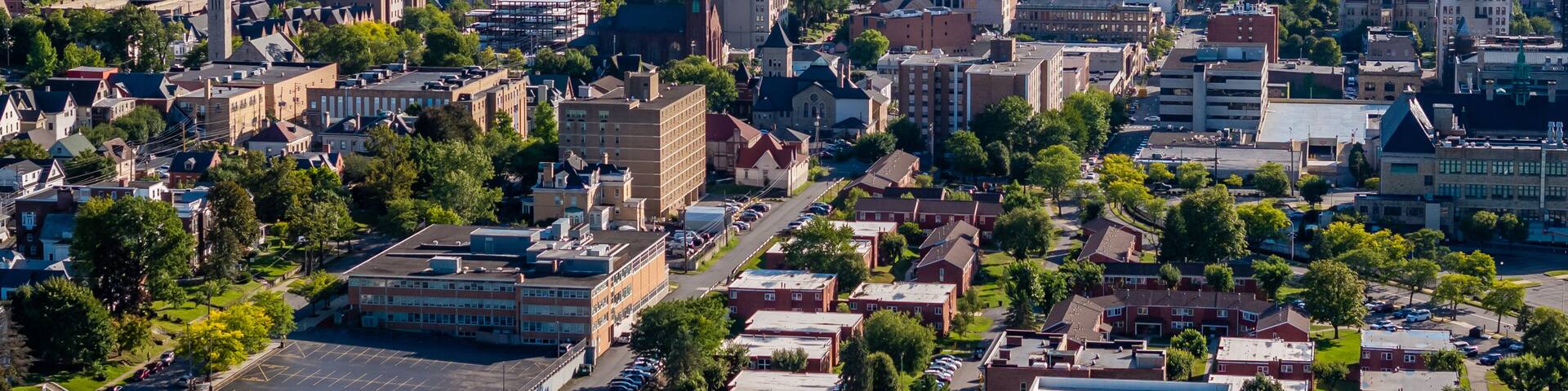 Late summer, early fall aerial, drone, photo of the Scranton Pennsylvania skyline. September 2024.