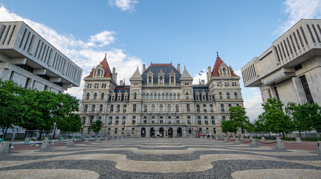 Albany, NY - USA - May 22, 2021: A south western view of the historic Romanesque Revival New York State Capitol building.