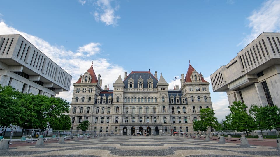 Albany, NY - USA - May 22, 2021: A south western view of the historic Romanesque Revival New York State Capitol building.