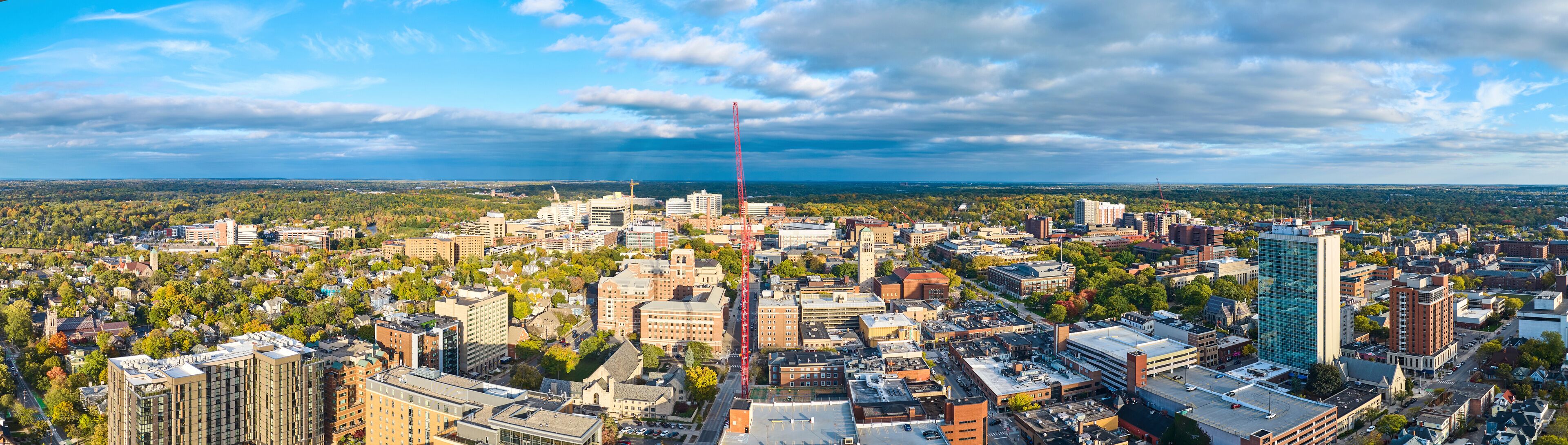 Aerial View of Urban Growth and Greenery in Ann Arbor, Panoramic Cityscape