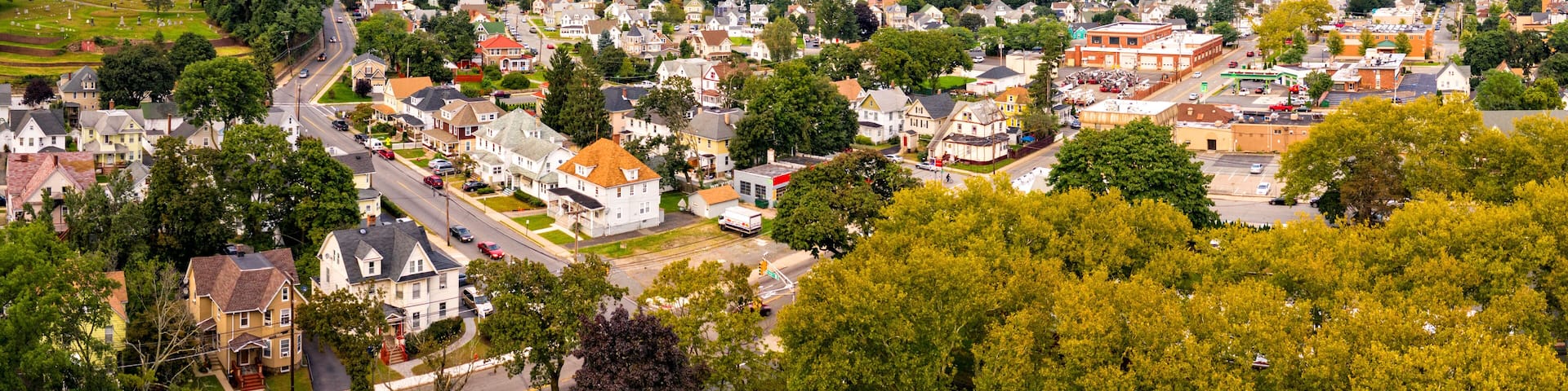Aerial cityscape of Dover, New Jersey. Dover has become a majority minority community, with 70 percent of the population identifying themselves as Hispanic.