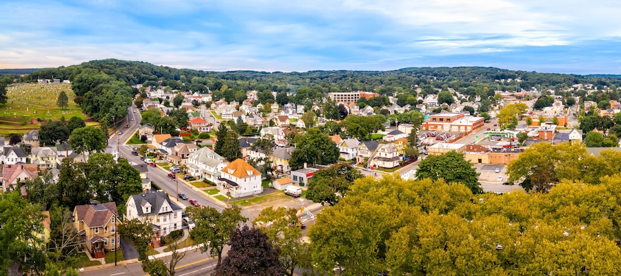 Aerial cityscape of Dover, New Jersey. Dover has become a majority minority community, with 70 percent of the population identifying themselves as Hispanic.