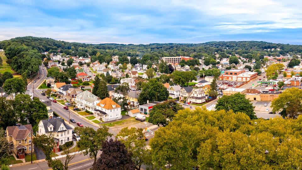 Aerial cityscape of Dover, New Jersey. Dover has become a majority minority community, with 70 percent of the population identifying themselves as Hispanic.