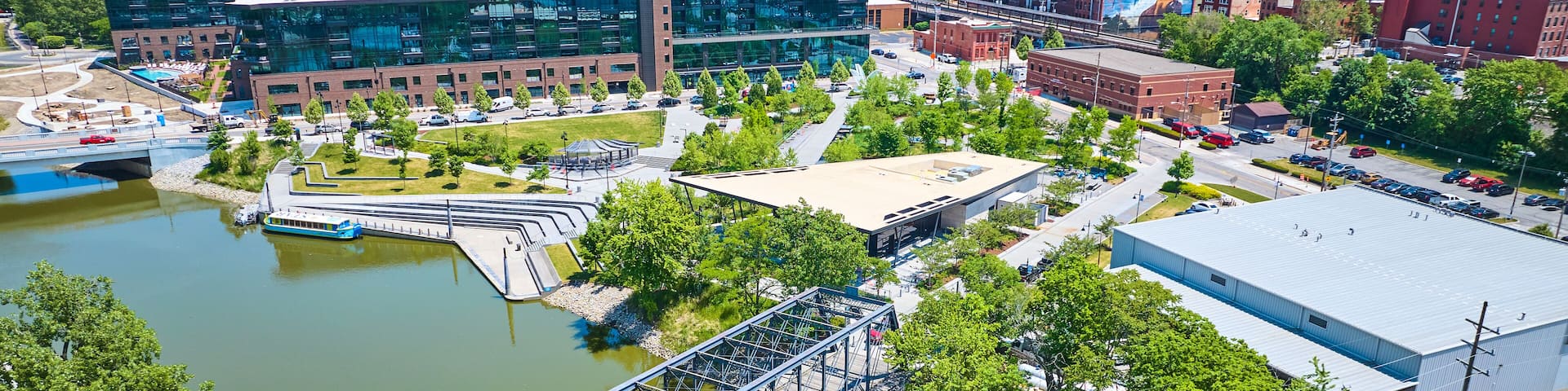 Wells Street Bridge in daytime from Northwest corner aerial towards Promenade Park