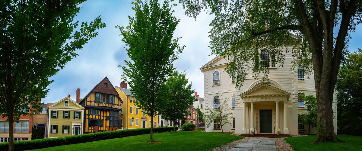 Providence downtown street landscape with historic landmark houses and the First Baptist Church in America founded in 1638 by Roger Williams in Rhode Island
