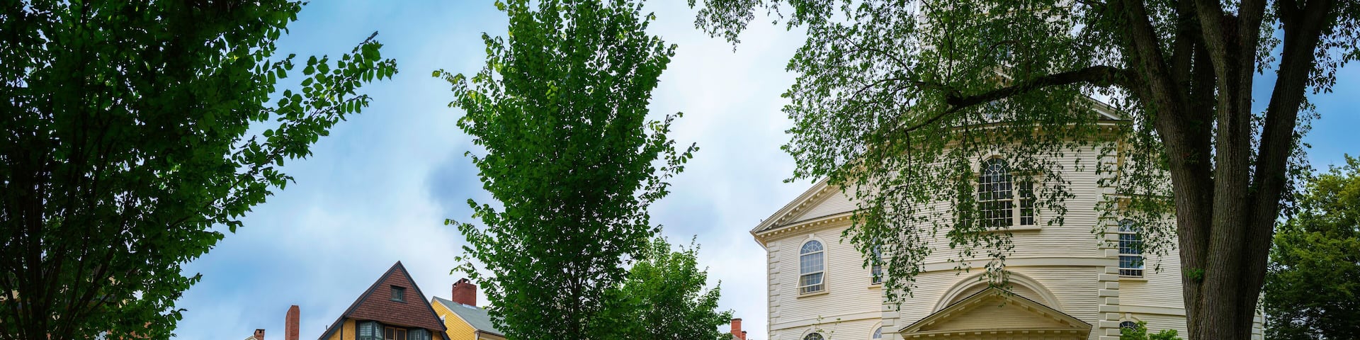 Providence downtown street landscape with historic landmark houses and the First Baptist Church in America founded in 1638 by Roger Williams in Rhode Island