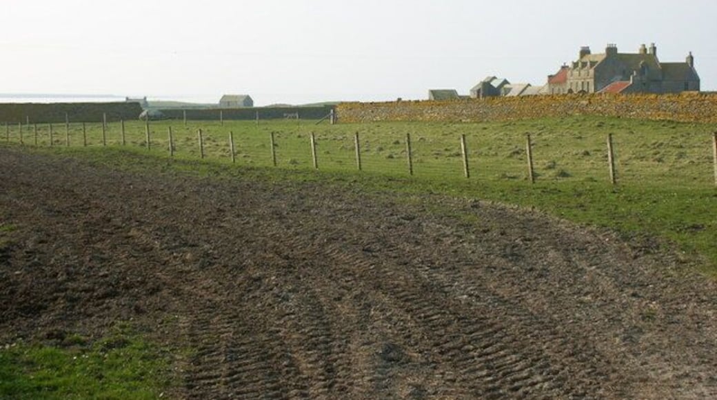 Scar Farm, Sanday Very grand farmhouse, and extensive farm buildings. What's interesting though is the erratic sitting near the wall in the middle distance, left-centre.