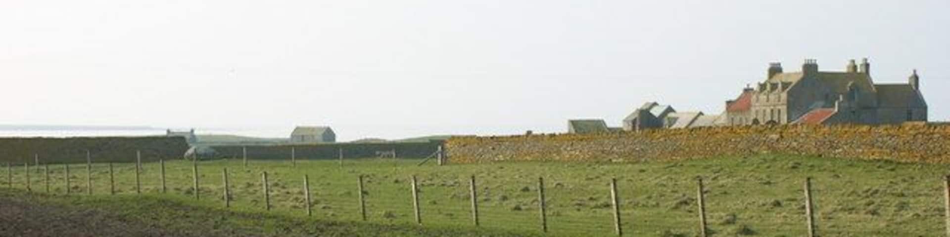 Scar Farm, Sanday Very grand farmhouse, and extensive farm buildings. What's interesting though is the erratic sitting near the wall in the middle distance, left-centre.