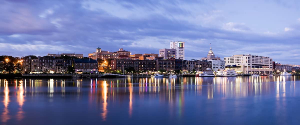 USA, Georgia, Savannah, City skyline by river