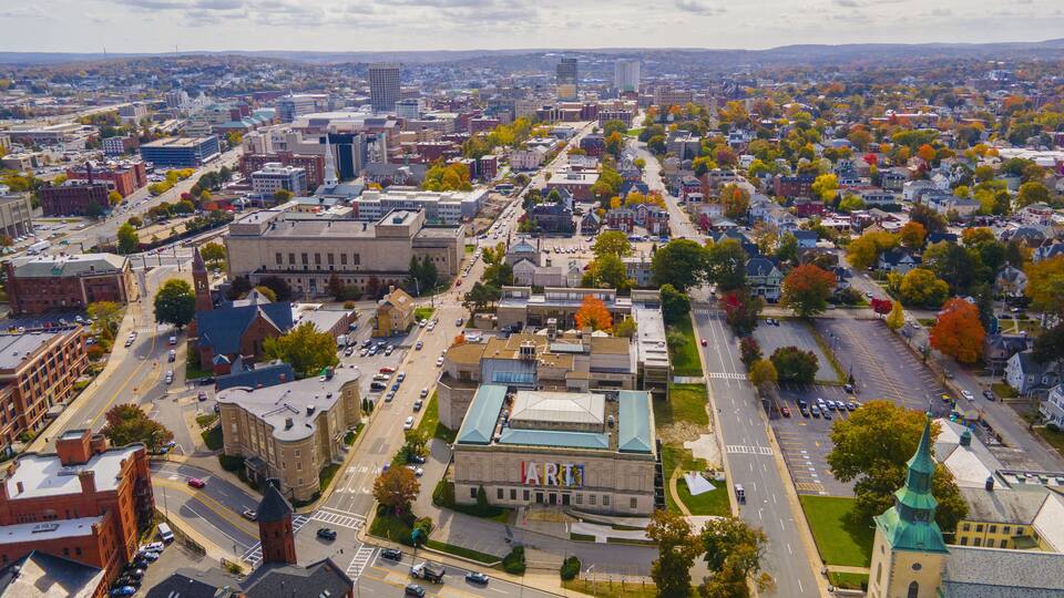 Worcester Art Museum aerial view at 55 Salisbury Street in historic downtown Worcester in Massachusetts MA, USA.
