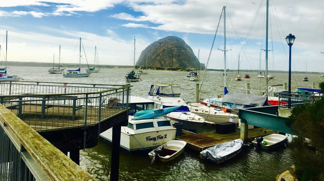 Morro Rock is a 581-foot volcanic plug located just offshore from Morro Bay, California, at the entrance to Morro Bay Harbor. A causeway connects it with the shore, effectively making it a tied island.