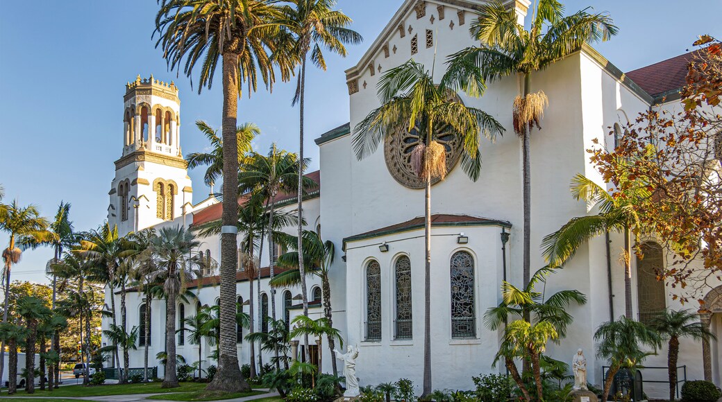 Santa Barbara, CA, USA - January 19, 2024: Beige west facade of Our Lady of Sorrows church with sunlight on tower against blue sky. Green palm tree foliage and lawn in front.