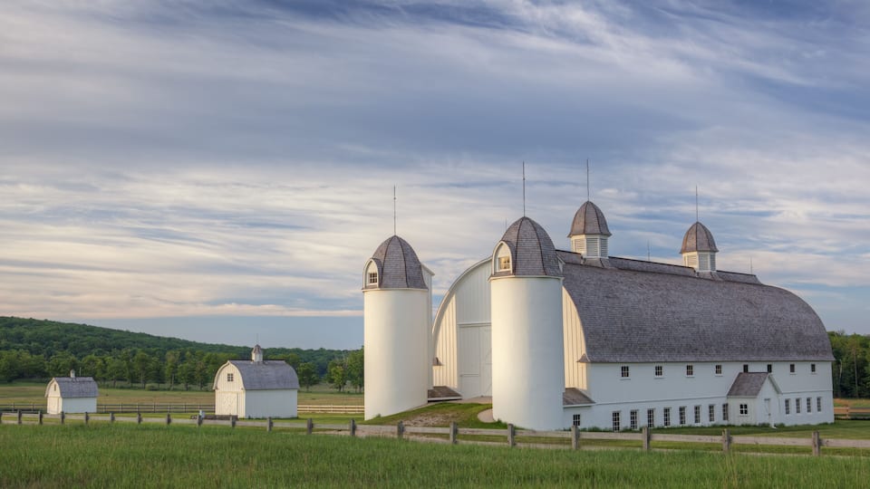 A large white barn with multiple silos and a smaller barn in a grassy field.