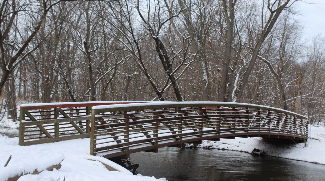 Footbridge in winter with snow over the North Branch of the Chicago River at Linne Woods in Morton Grove, Illinois