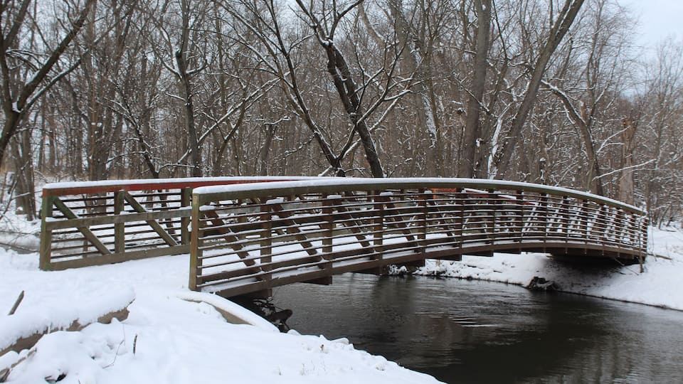 A wooden bridge over a snow-covered river in a forest.