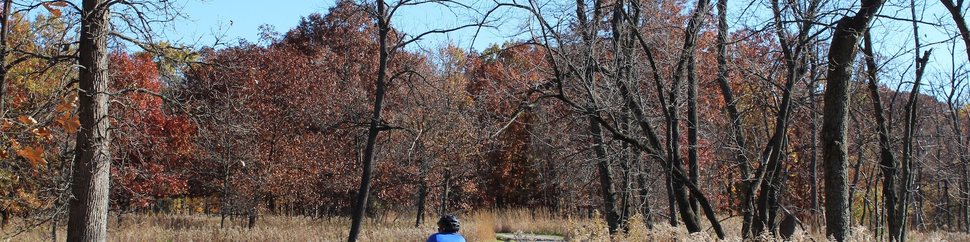 Man riding a bicycle in fall on a sunny day at Miami Woods on the North Branch Trail in Morton Grove, Illinois
