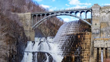 A stone bridge with an arched design spanning over a waterfall.