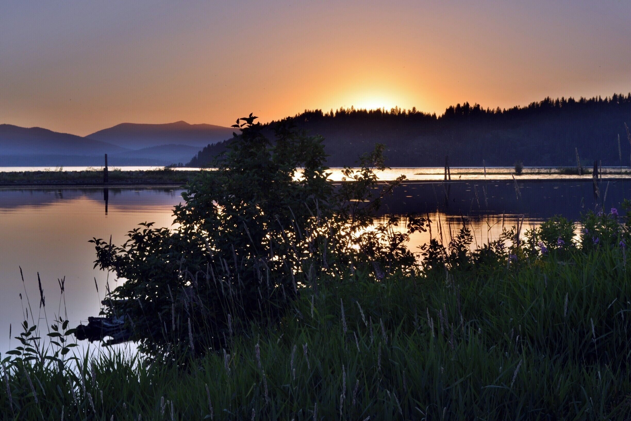 The sun is just setting on the driftyard at the edge of Lake Pend Oreille.  They try to catch floating logs before they enter the lake so this is off the Clark Fork River delta.   Photo by Shylah Perkins