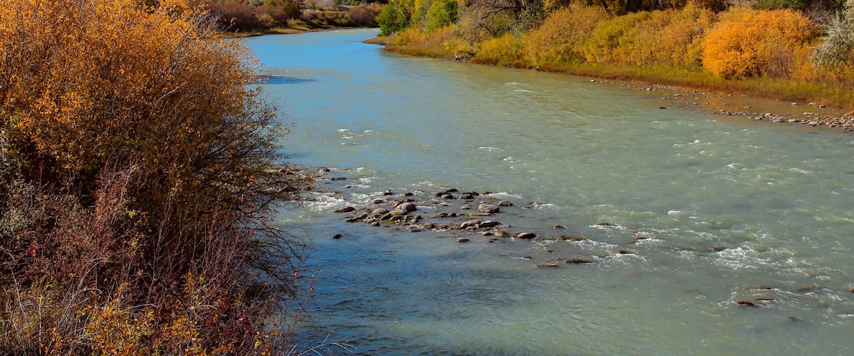A river flowing through a valley with autumn-colored trees and mountains in the background.