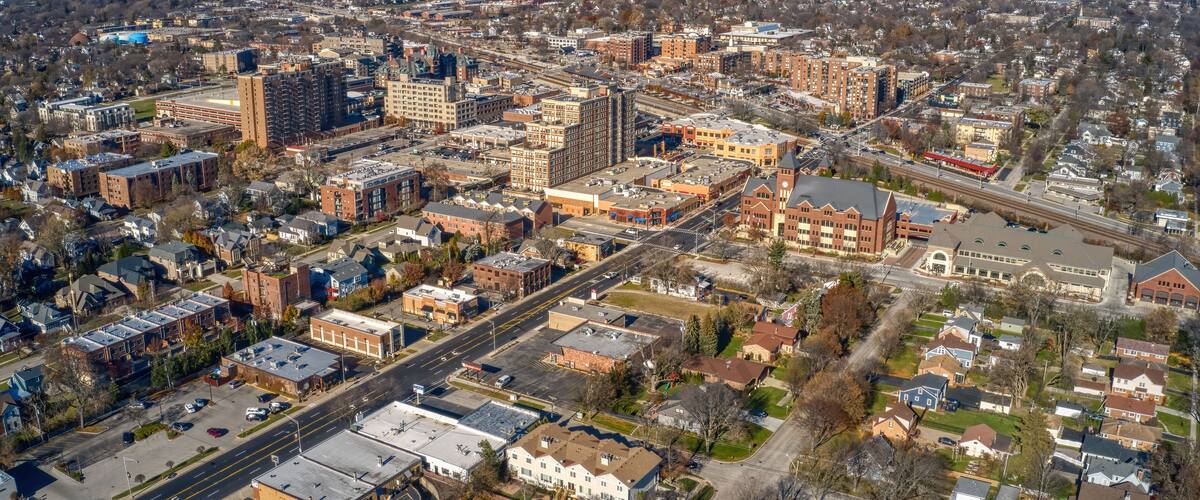 Aerial View of the Chicago Suburb of Arlington Heights in Autumn