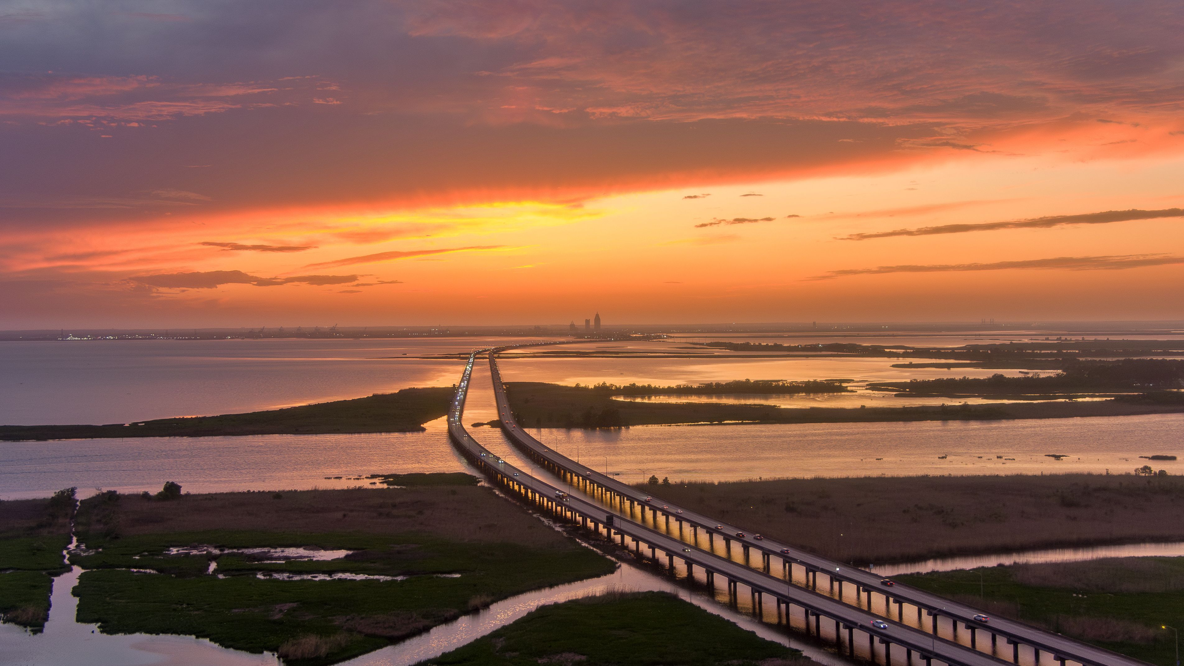 Aerial view of Mobile Bay at sunset in April