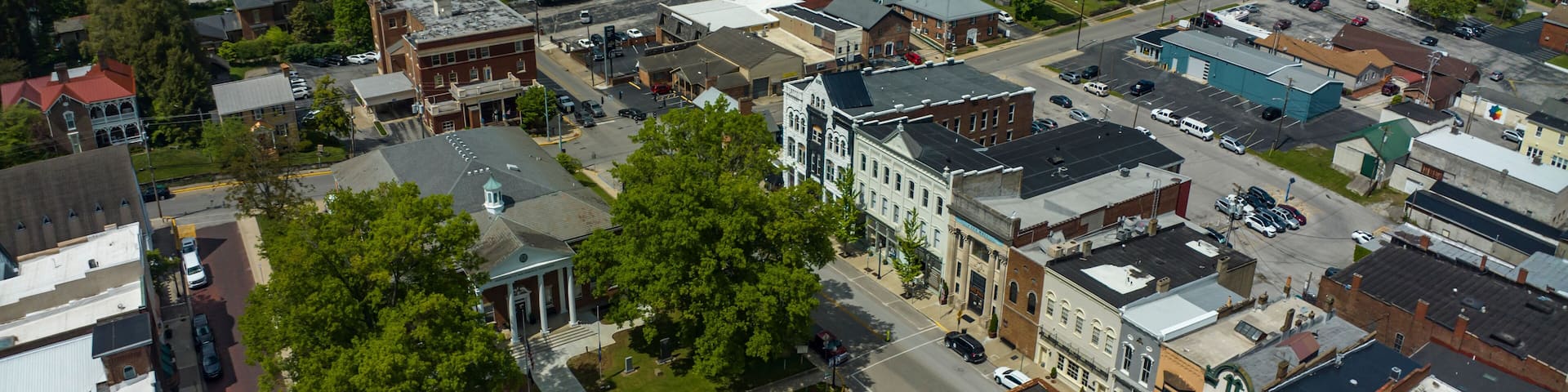 MAY 9, 2023 - MOUNT STERLING KENTUCKY - aerial view of historic small Kentucky town and storefronts in Mount Sterling Kentucky
