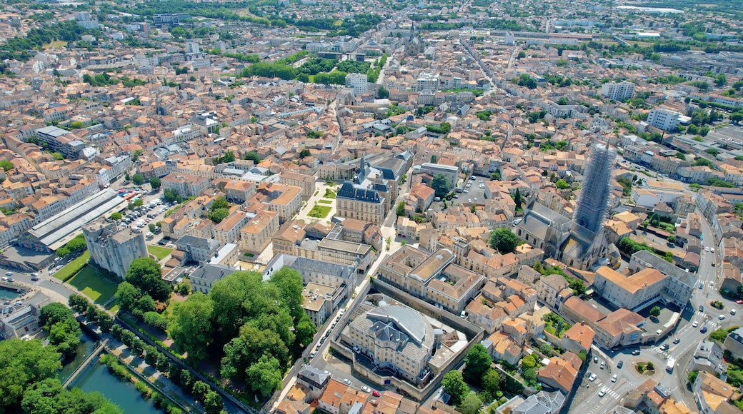 Aerial panorama view around the old town in the city Niort in France, on a sunny summer noon