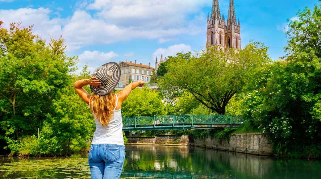 Woman tourist in France- Niort city landscape, Deux-Sèvres, Poitou Charente region