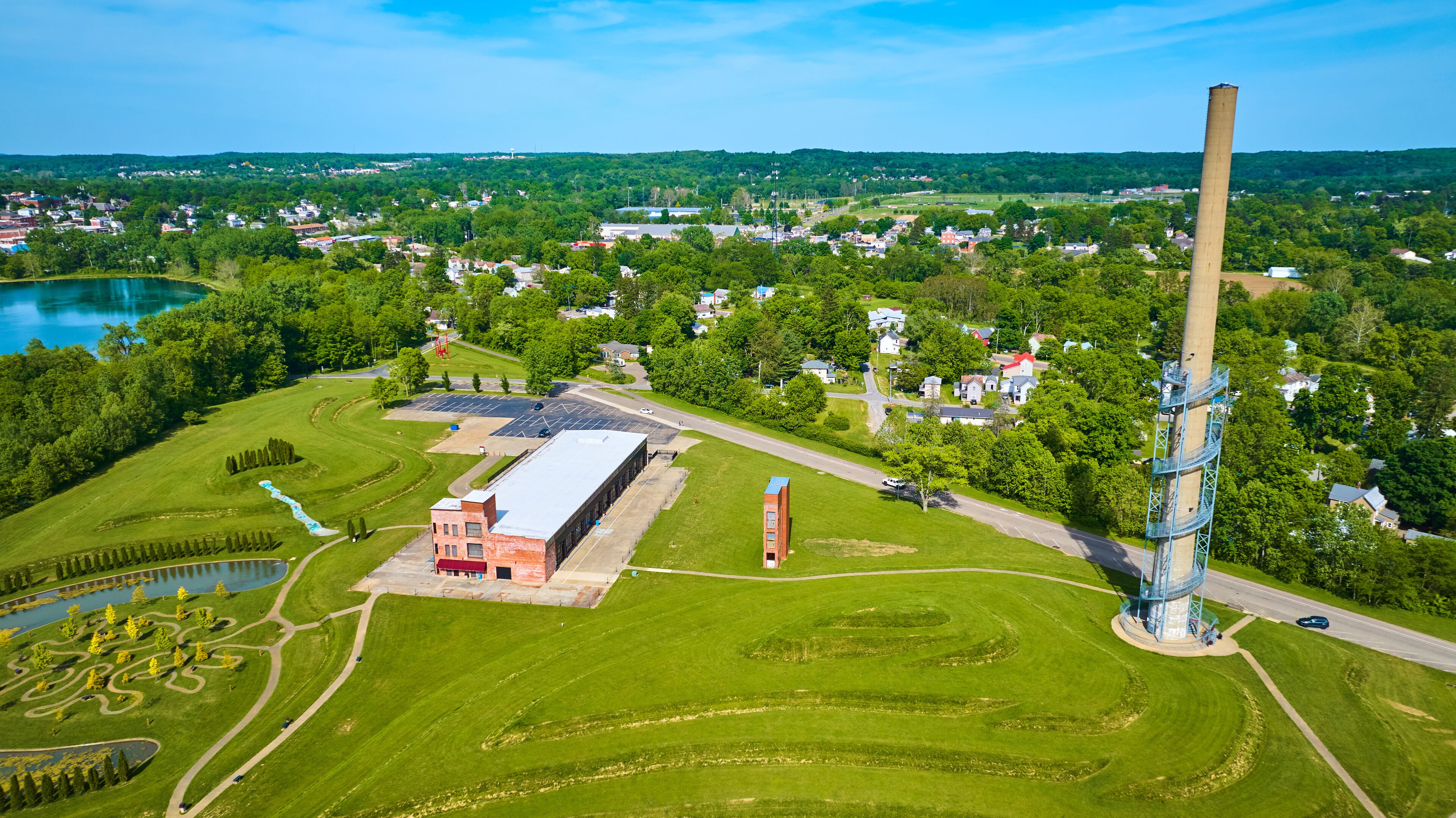 Aerial Ariel Foundation Park Rastin Observation Tower with factory building and tree path