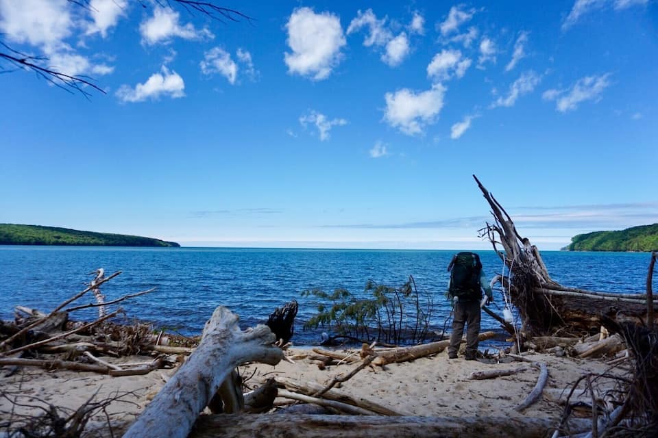 A person standing on a sandy beach with driftwood, looking out at a calm sea under a clear blue sky.