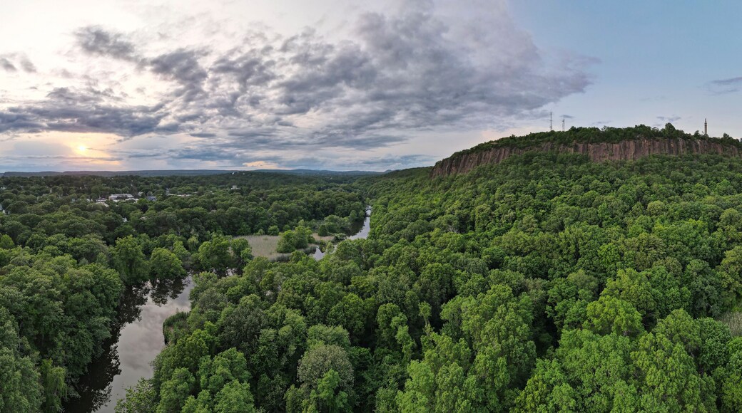 Aerial view of lush forest, river, cliff, and sky at East Rock Park, New Haven, Connecticut, United States.