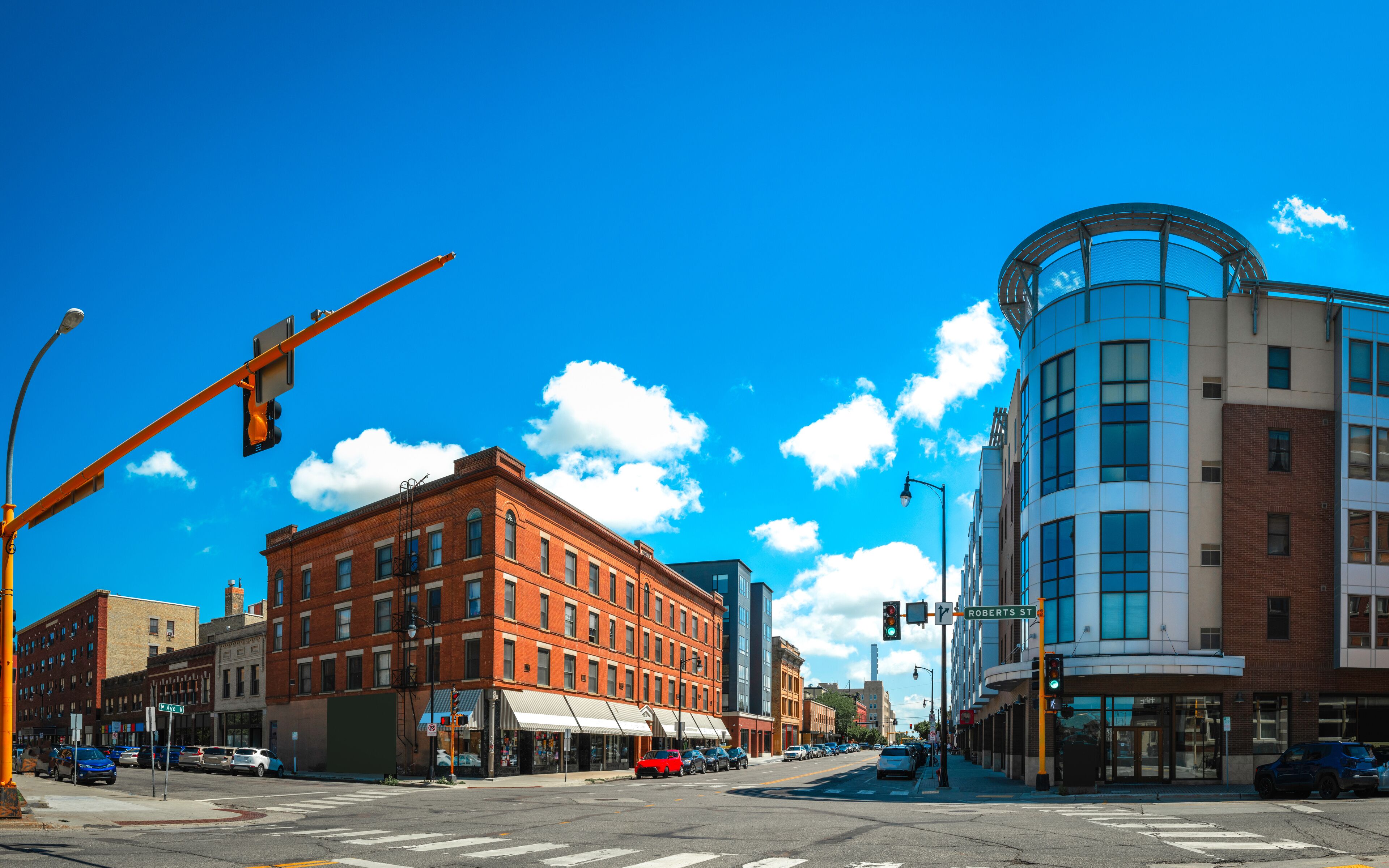 Fargo City skyline and the street landscape in North Dakota