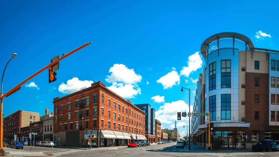 Fargo City skyline and the street landscape in North Dakota