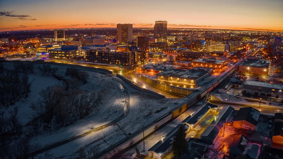 Aerial View of Fargo Skyline at Dusk