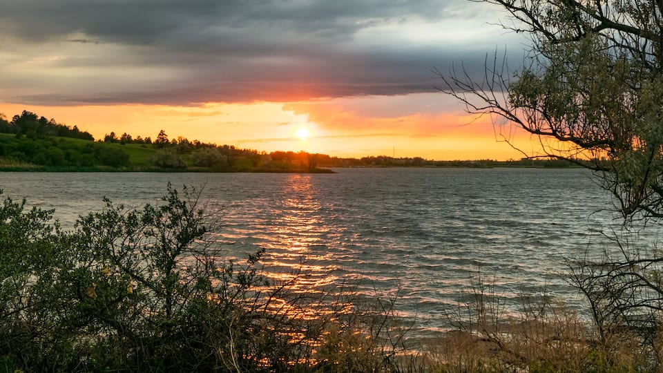 Panorama of a sunset over Sweet Briar Lake in North Dakota