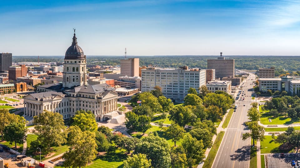 Aerial panorama of Topeka and Kansas State Capitol. Topeka is the capital city of the U.S. state of Kansas and the county seat of Shawnee County