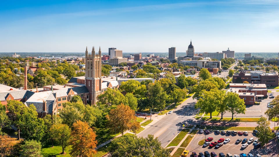 Aerial panorama of Topeka, Kansas along the 10th Avenue. Topeka is the capital city of the U.S. state of Kansas and the county seat of Shawnee County