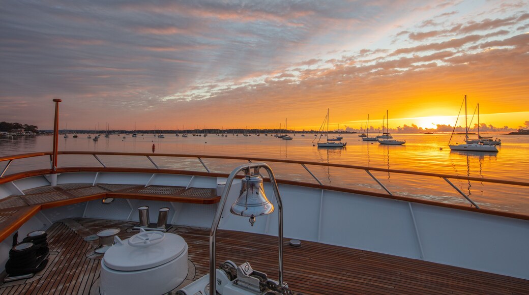 A sunset view from a boat deck with multiple sailboats anchored in the water.