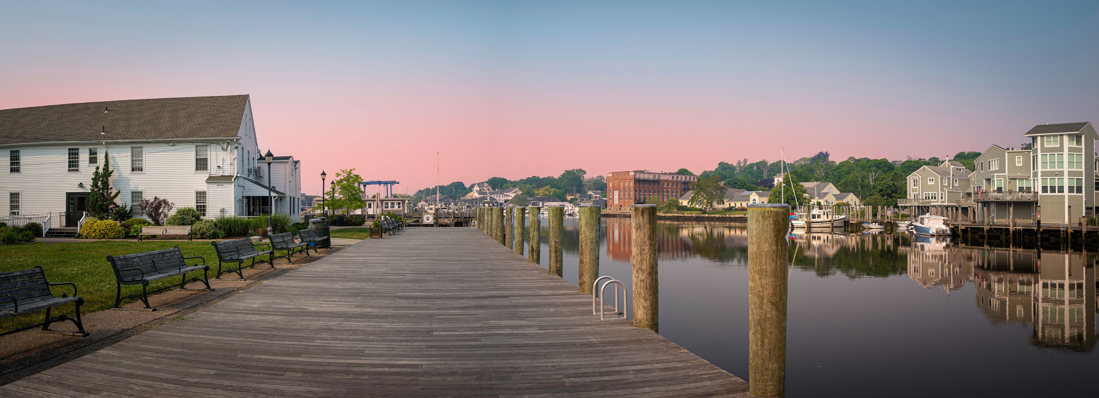 Mystic River boardwalk summer landscape in Connecticut at sunrise