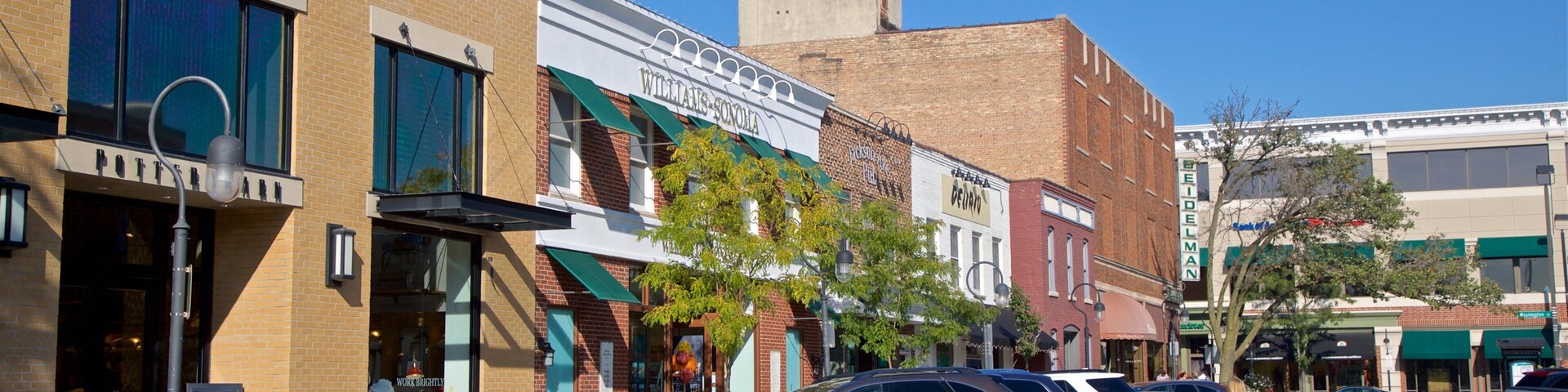 Rua com edifícios de tijolo, incluindo um restaurante chamado 'Williams-Sonoma'.