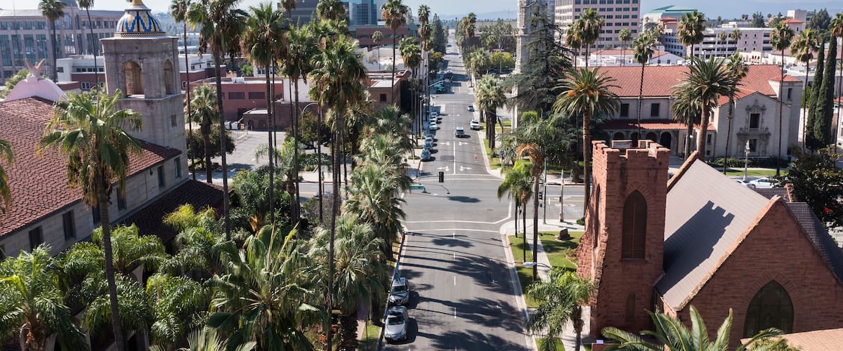 Daytime aerial view of historic downtown Riverside, California, USA.