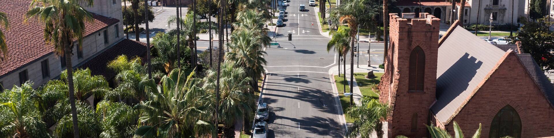 Daytime aerial view of historic downtown Riverside, California, USA.