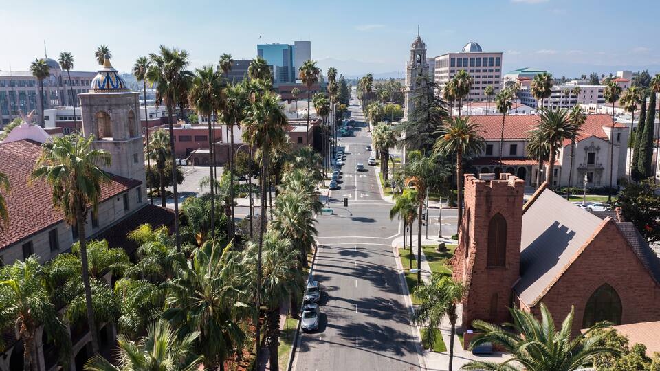 Daytime aerial view of historic downtown Riverside, California, USA.