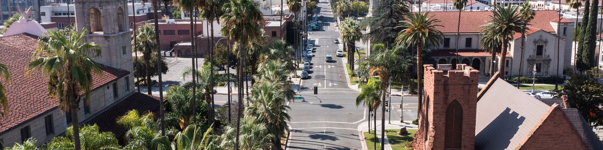 Daytime aerial view of historic downtown Riverside, California, USA.
