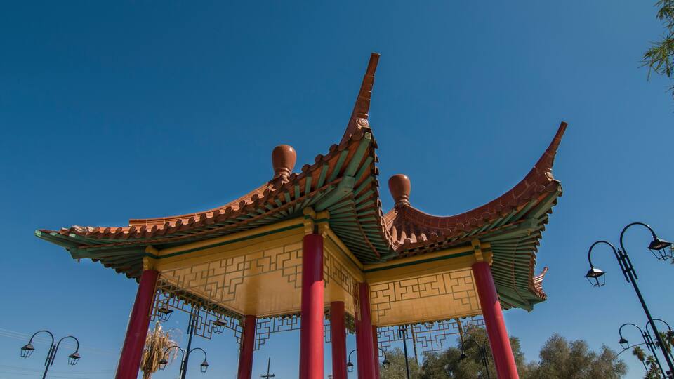 Mexicali Baja California Mexico Feb-20-2021: Chinese architecture donated by the Chinese community of Mexiclai, located in the historic center, on a sunny winter morning