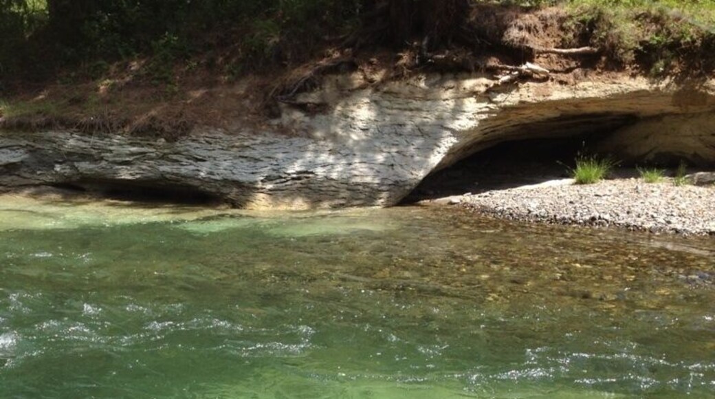A clear river with a rocky bank and a small cave-like formation.