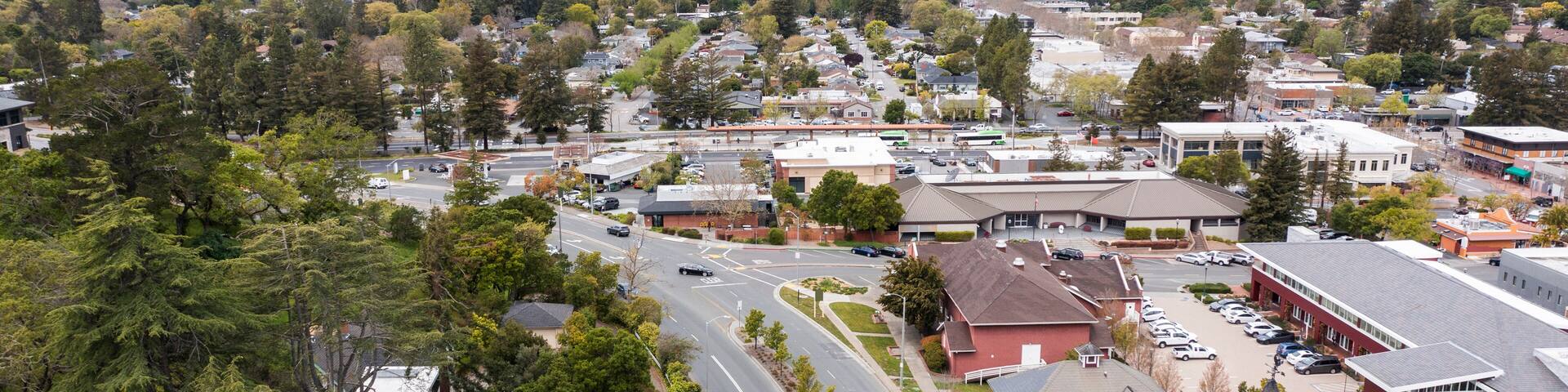 Afternoon aerial view of the historic downtown urban core of Novato, California, USA.