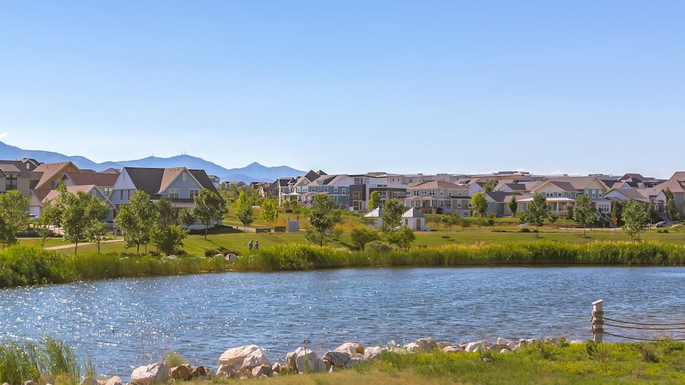 Lake homes and mountain in Daybreak Utah